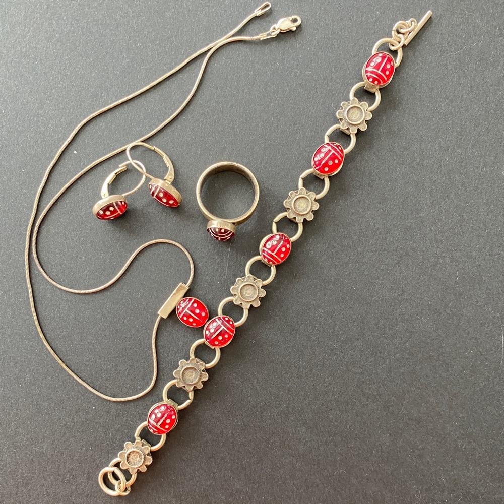 Silver and glass beetle themed jewelry set - ring, necklace, bracelet, earrings